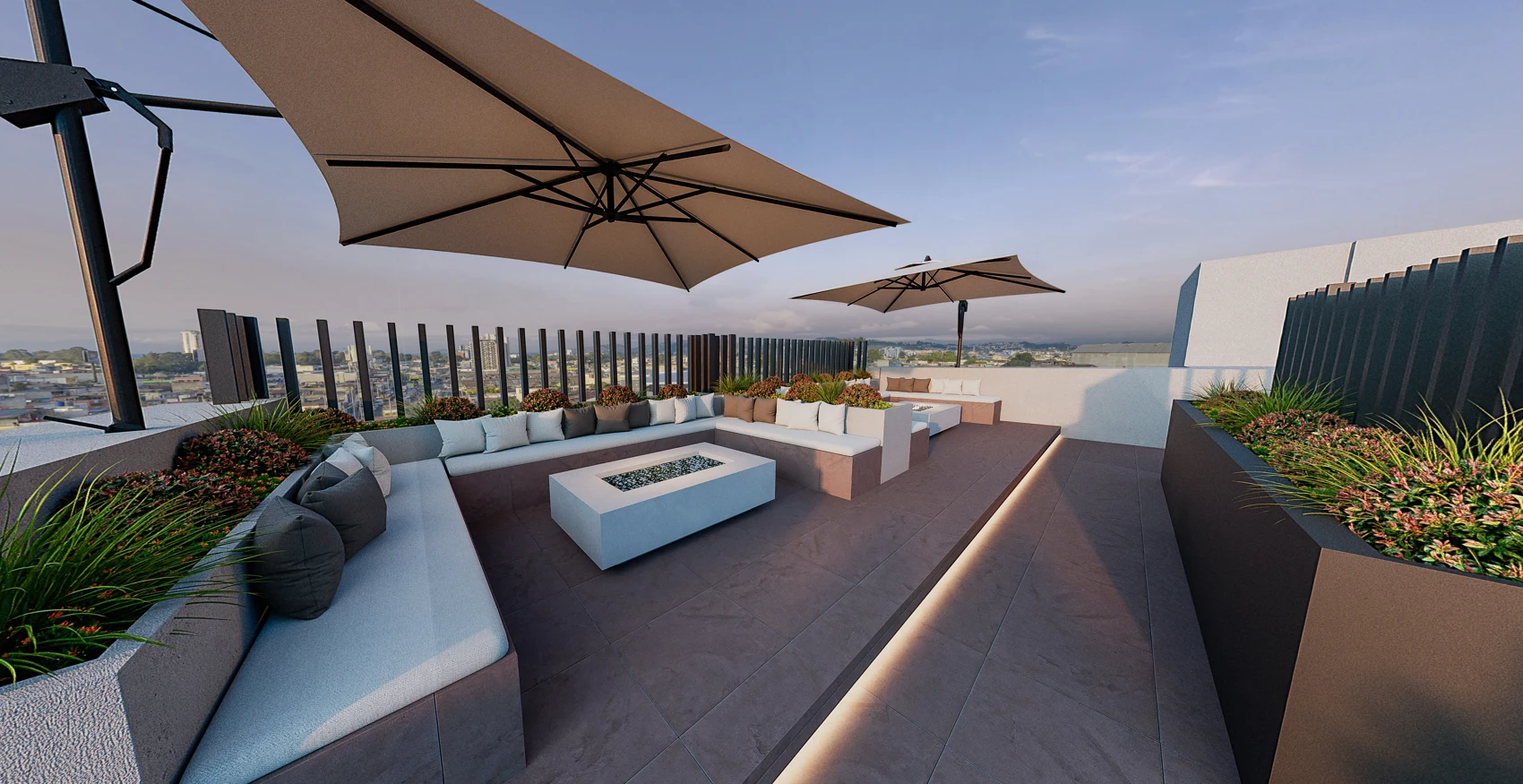 Render de la terraza social de Carmenia